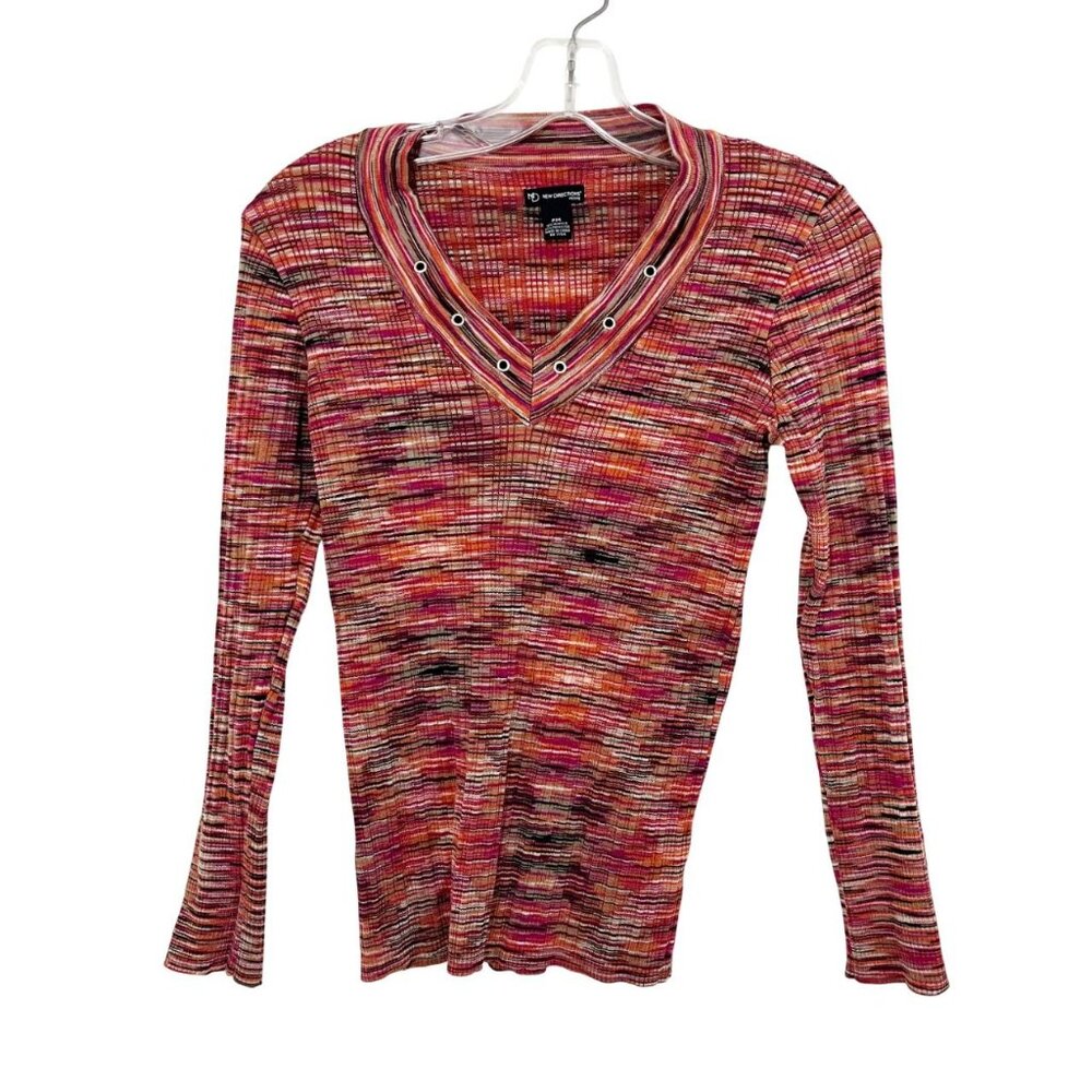 Vintage Y2K Space Dye‎ Grommet V-Neck Pullover Knit Top Sweater Petite Medium